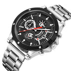 MEGIR 2216 men's chronograph watch, silver case with black dial and steel bracelet, angled view