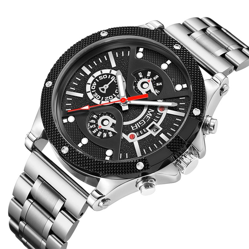 MEGIR 2216 men's chronograph watch, silver case with black dial and steel bracelet, angled view