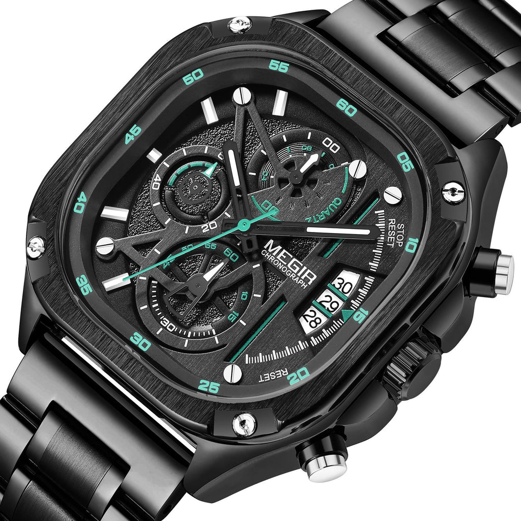 MEGIR 2217 men's chronograph watch, black case with green-accent skeleton dial and steel bracelet, front view