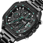 MEGIR 2217 men's chronograph watch, black case with green-accent skeleton dial and steel bracelet, front view