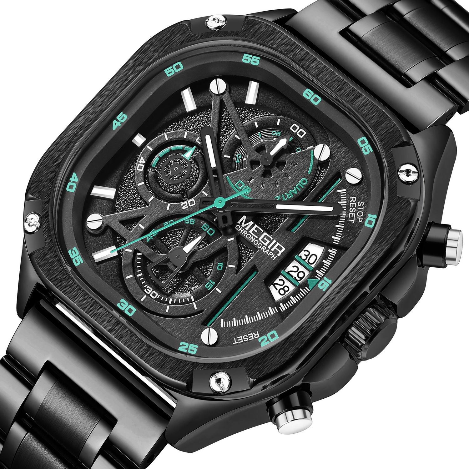 MEGIR 2217 men's chronograph watch, black case with green-accent skeleton dial and steel bracelet, front view