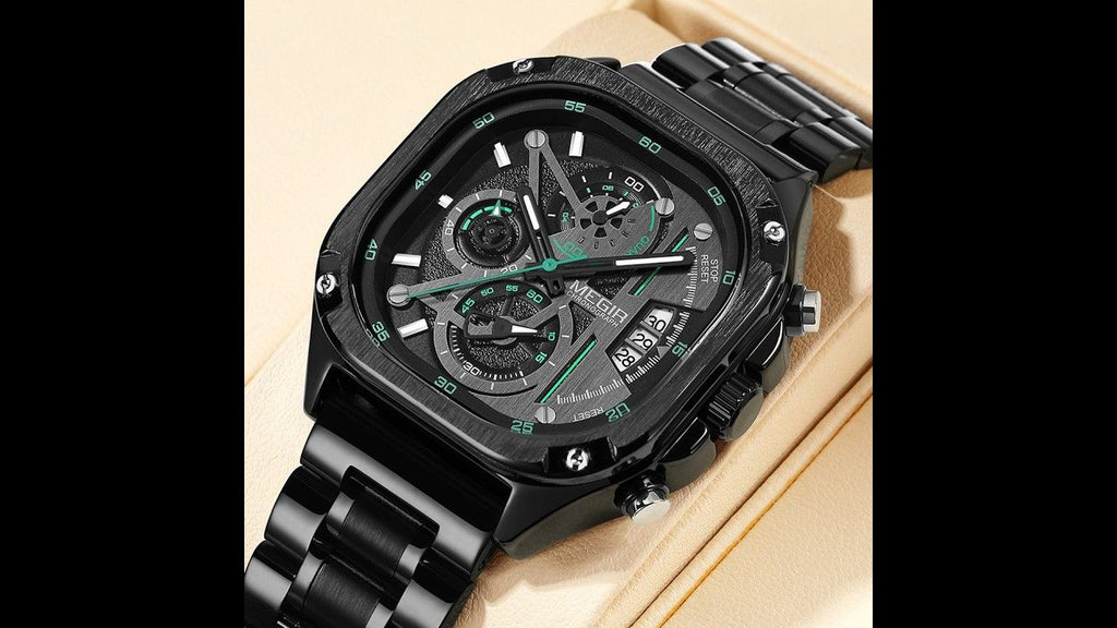 MEGIR 2217 men's chronograph watch, black case with green-accent skeleton dial and steel bracelet, angled view