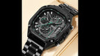 MEGIR 2217 men's chronograph watch, black case with green-accent skeleton dial and steel bracelet, angled view