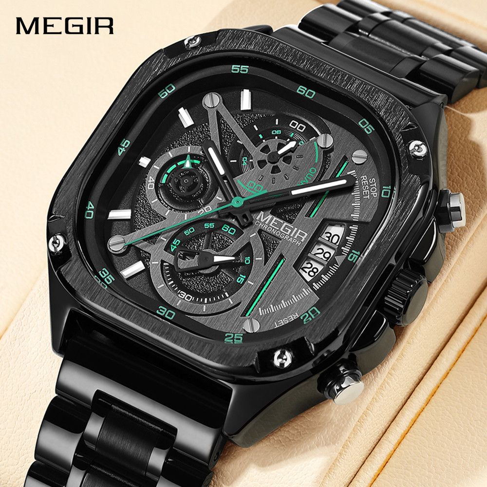 MEGIR 2217 men's chronograph watch, black case with green-accent skeleton dial and steel bracelet, studio view