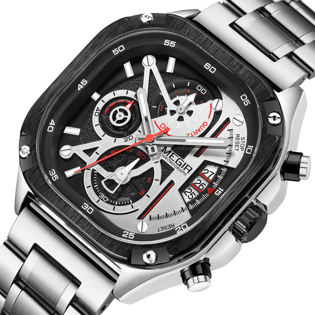 MEGIR 2217 men's chronograph watch, silver case with white-black skeleton dial and steel bracelet, front view