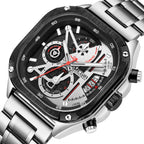 MEGIR 2217 men's chronograph watch, silver case with white-black skeleton dial and steel bracelet, front view