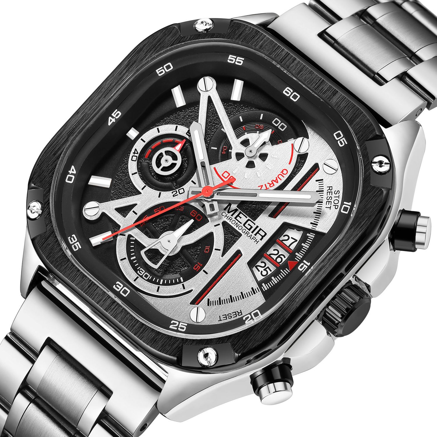 MEGIR 2217 men's chronograph watch, silver case with white-black skeleton dial and steel bracelet, front view