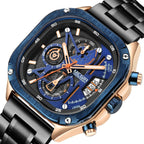 MEGIR 2217 men's chronograph watch, blue bezel with rose-gold accents, blue dial and black bracelet, front view