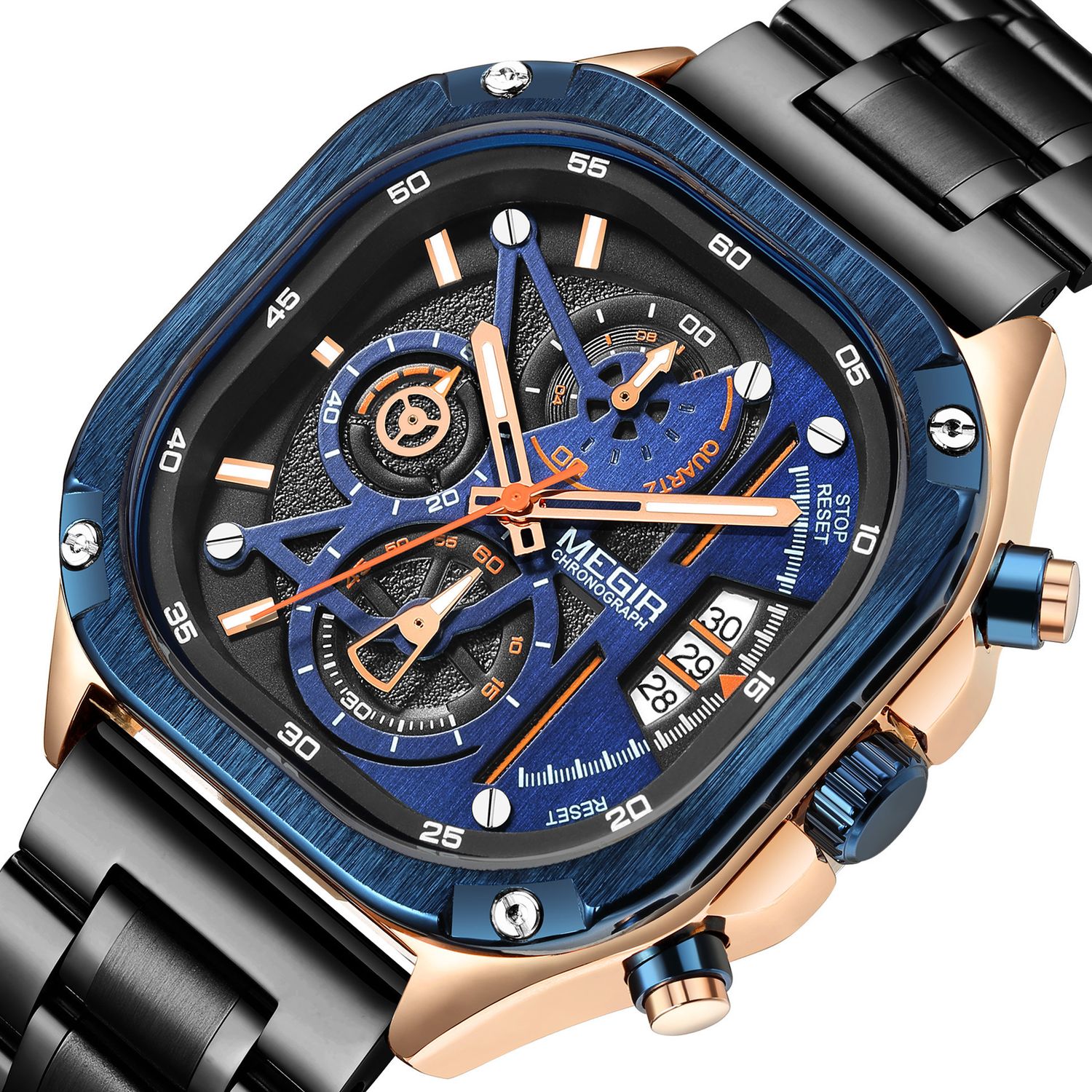 MEGIR 2217 men's chronograph watch, blue bezel with rose-gold accents, blue dial and black bracelet, front view
