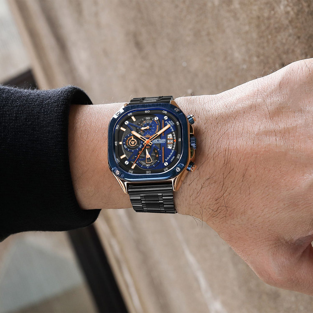 MEGIR 2217 men's chronograph watch on the wrist, blue bezel with rose-gold accents, blue dial and black bracelet