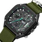 MEGIR 2217 men's chronograph watch, black case with green-accent dial and green canvas strap, front view