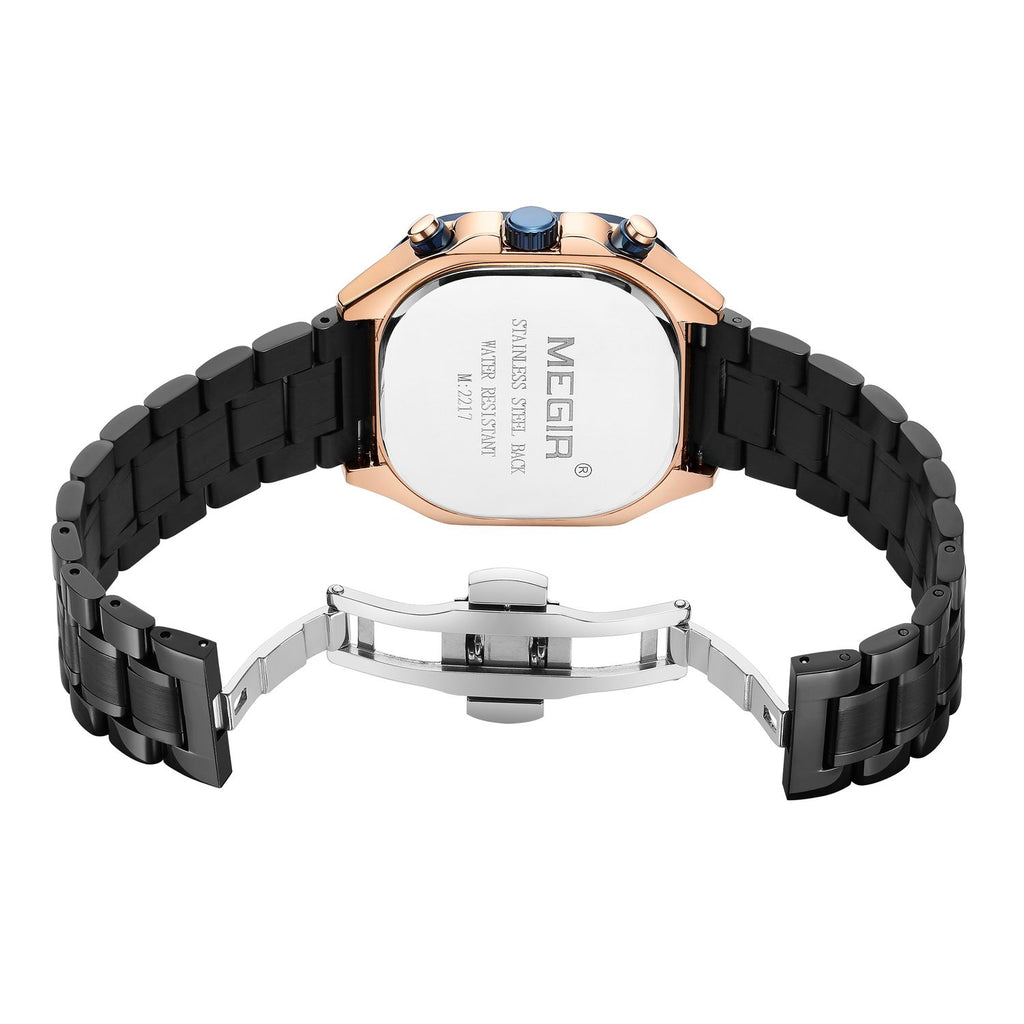 MEGIR 2217 men's chronograph watch caseback with engravings, black bracelet and folding clasp