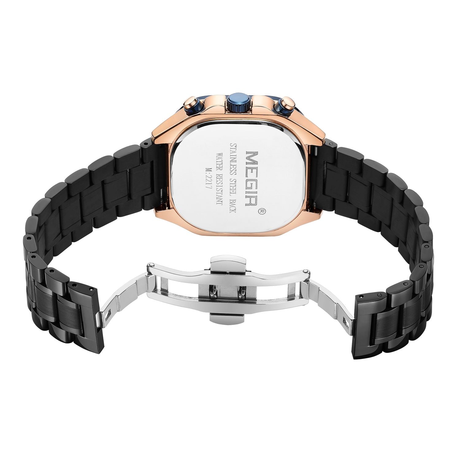 MEGIR 2217 men's chronograph watch caseback with engravings, black bracelet and folding clasp