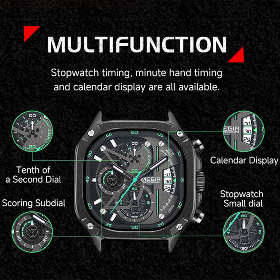 MEGIR 2217 men's chronograph watch multifunction graphic explaining the sub-dials and calendar display