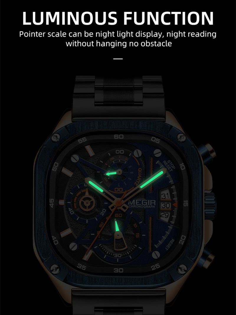 MEGIR 2217 men's chronograph watch feature graphic showing luminous hands glowing in the dark