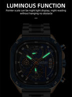 MEGIR 2217 men's chronograph watch feature graphic showing luminous hands glowing in the dark