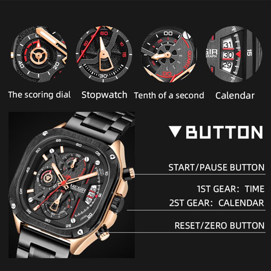 MEGIR 2217 men's chronograph watch button graphic showing the start, time, calendar and reset functions