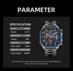 MEGIR 2217 men's chronograph watch parameters graphic with model, water resistance, weight and case dimensions