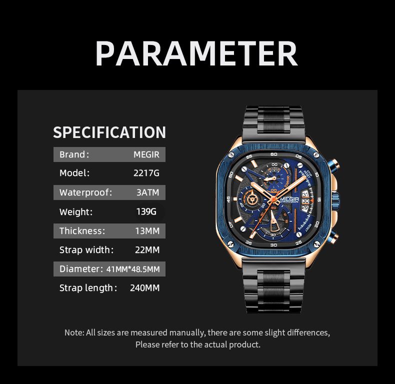 MEGIR 2217 men's chronograph watch parameters graphic with model, water resistance, weight and case dimensions