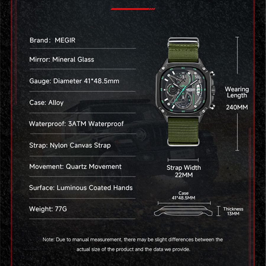 MEGIR 2217 men's chronograph watch specification graphic listing mirror, case, strap and movement details