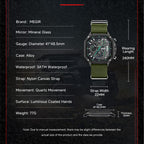 MEGIR 2217 men's chronograph watch specification graphic listing mirror, case, strap and movement details