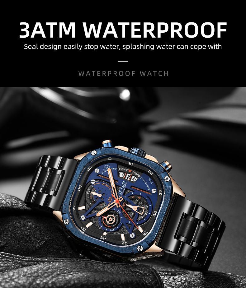 MEGIR 2217 men's chronograph watch water-resistance graphic, blue and rose-gold case with blue dial