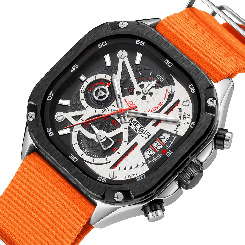 MEGIR 2217 men's chronograph watch, black case with white-black dial and orange canvas strap, front view