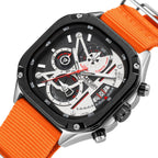 MEGIR 2217 men's chronograph watch, black case with white-black dial and orange canvas strap, front view