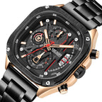 MEGIR 2217 men's chronograph watch, black case with rose-gold bezel, red-accent dial and black bracelet, front view