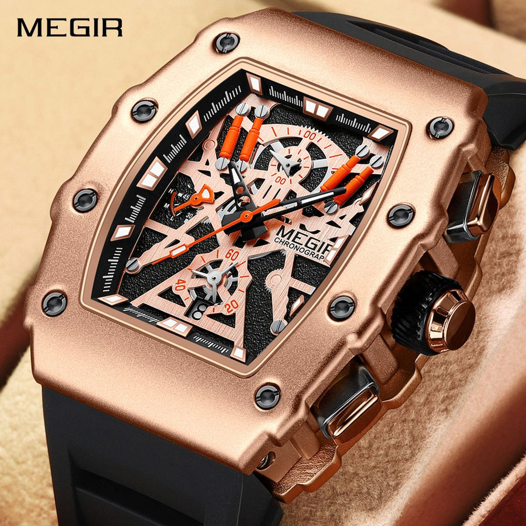 MEGIR 2218 men's skeleton watch, rose-gold case with orange-accent skeleton dial and black silicone strap, front view