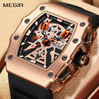 MEGIR 2218 men's skeleton watch, rose-gold case with orange-accent skeleton dial and black silicone strap, front view