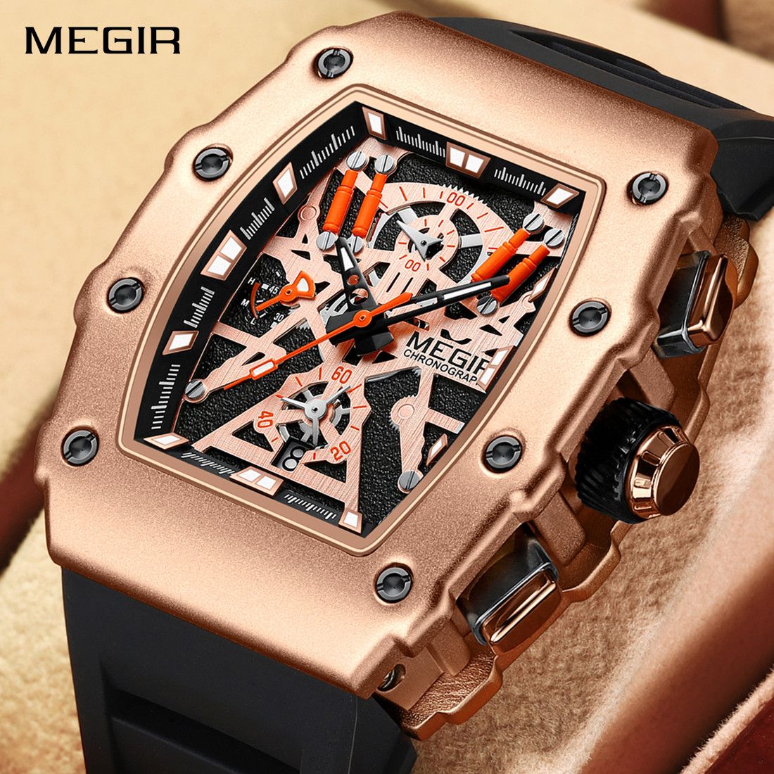MEGIR 2218 men's skeleton watch, rose-gold case with orange-accent skeleton dial and black silicone strap, front view