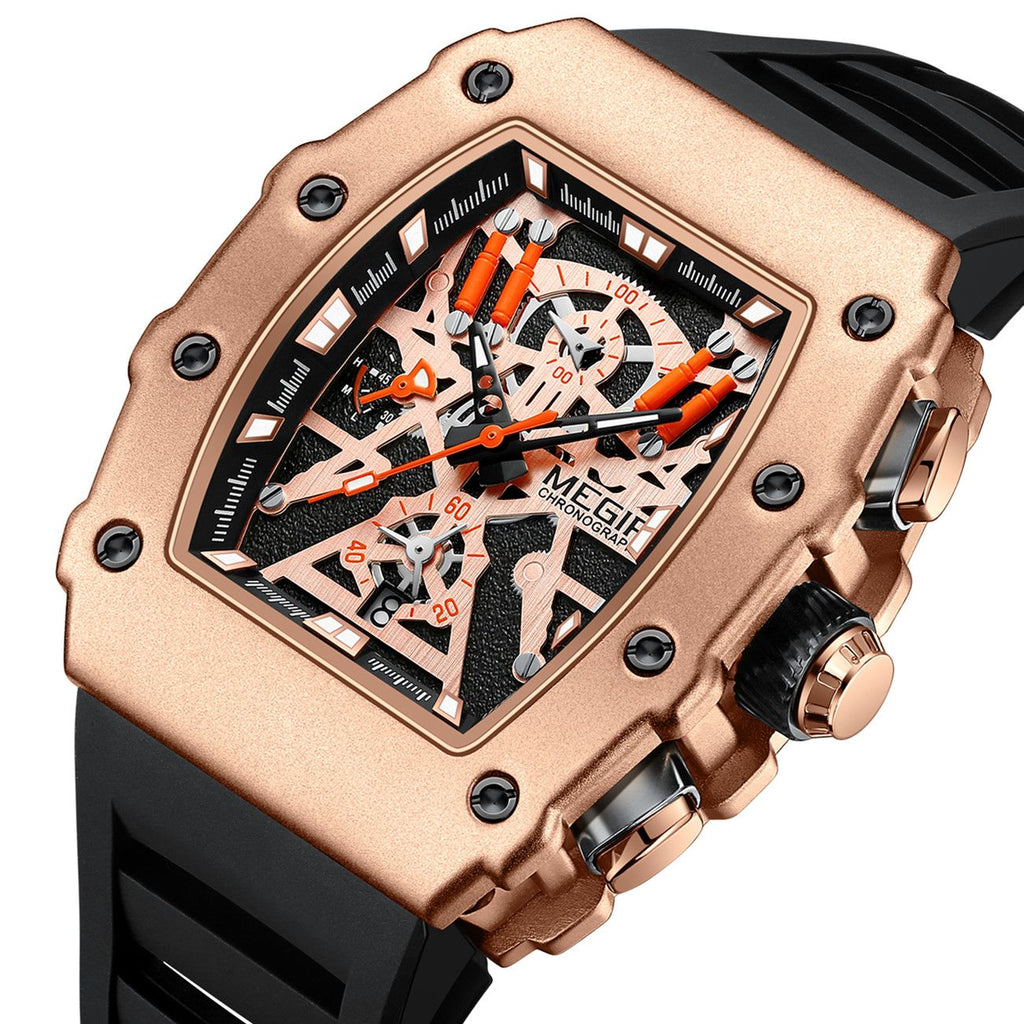 MEGIR 2218 men's skeleton watch, rose-gold case with orange-accent skeleton dial and black silicone strap, angled view
