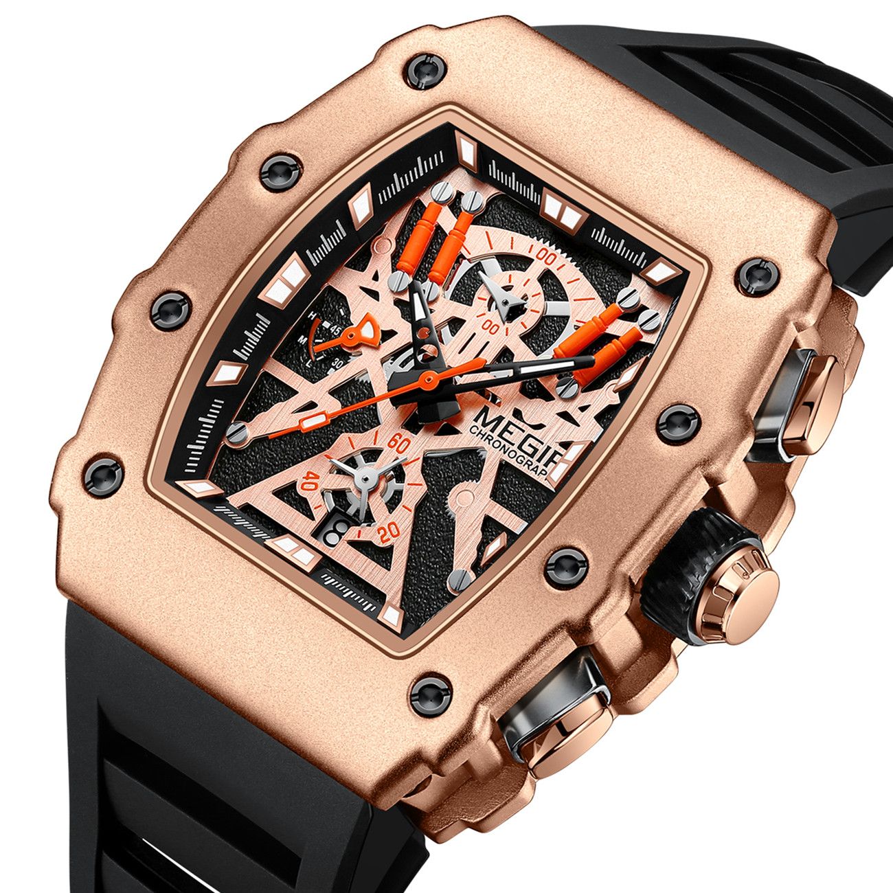 MEGIR 2218 men's skeleton watch, rose-gold case with orange-accent skeleton dial and black silicone strap, angled view