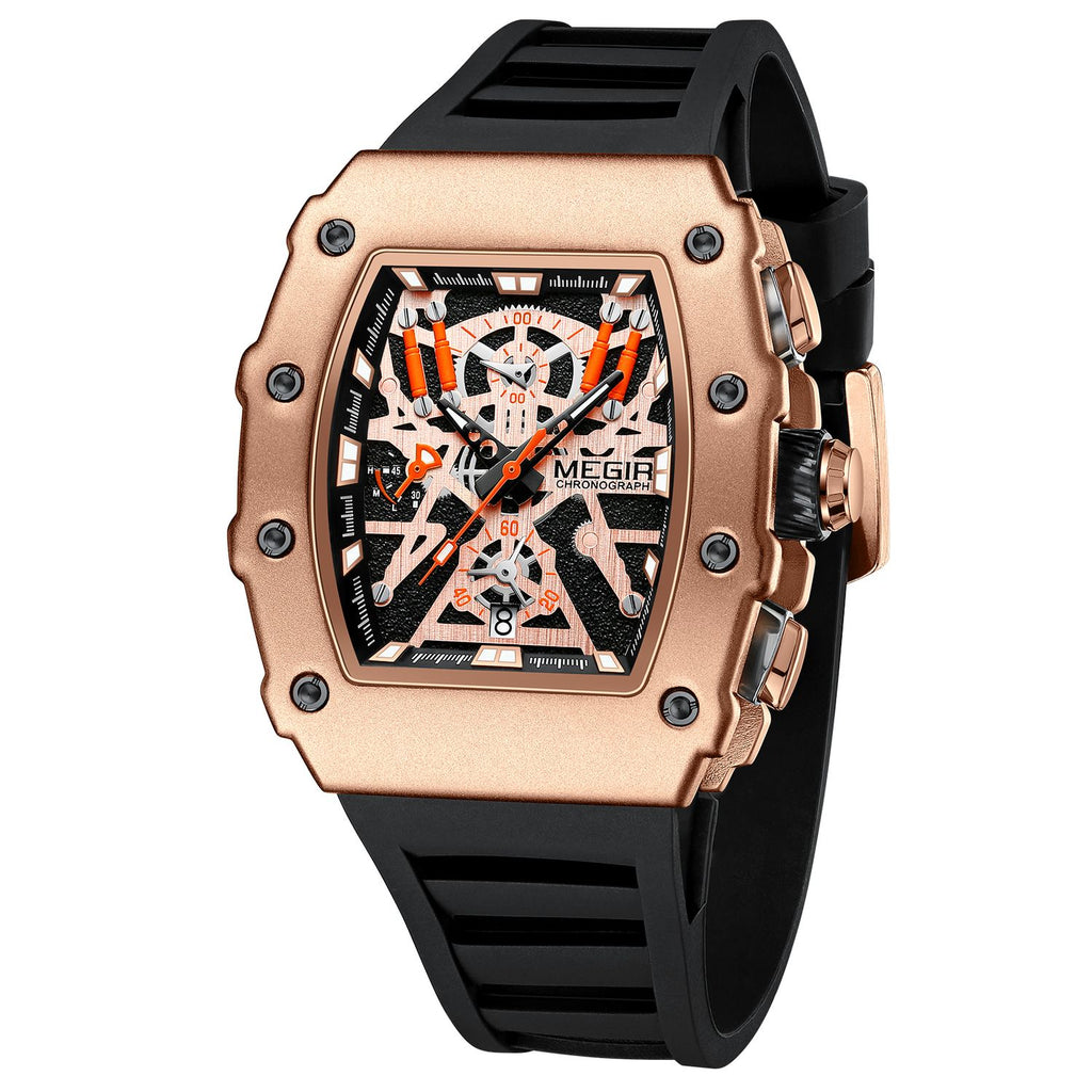 MEGIR 2218 men's skeleton watch, rose-gold case with orange-accent skeleton dial and black silicone strap, studio view