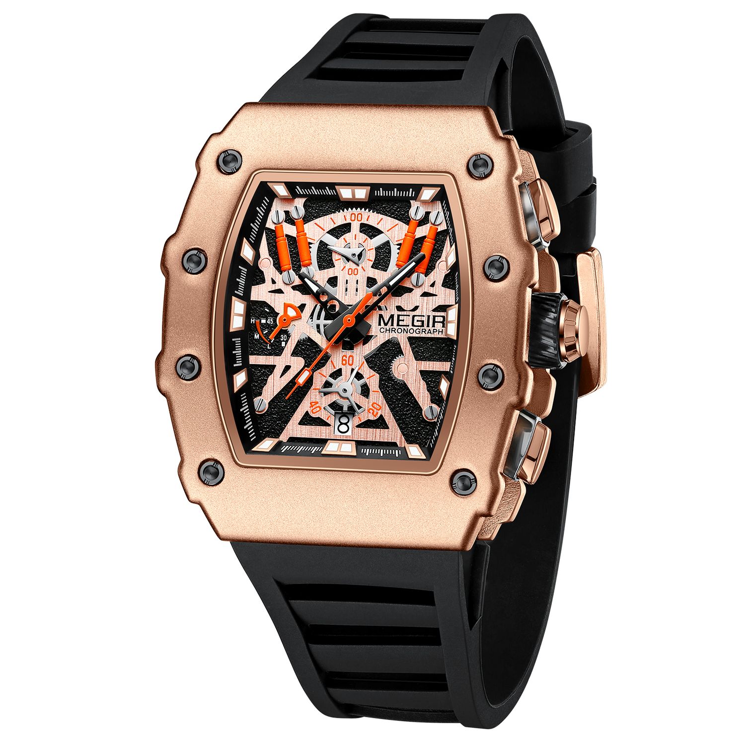 MEGIR 2218 men's skeleton watch, rose-gold case with orange-accent skeleton dial and black silicone strap, studio view