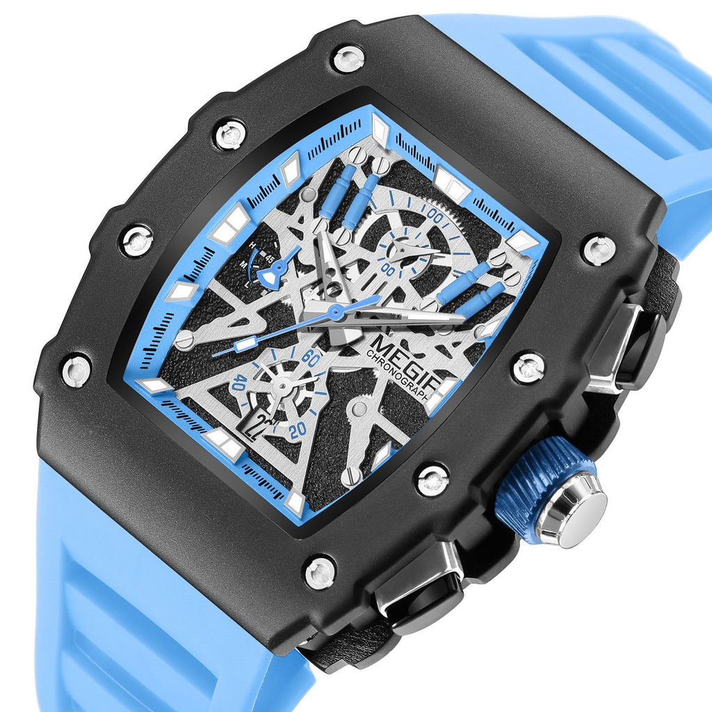 MEGIR 2218 men's skeleton watch, black case with blue-accent skeleton dial and blue silicone strap, angled view