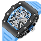 MEGIR 2218 men's skeleton watch, black case with blue-accent skeleton dial and blue silicone strap, angled view
