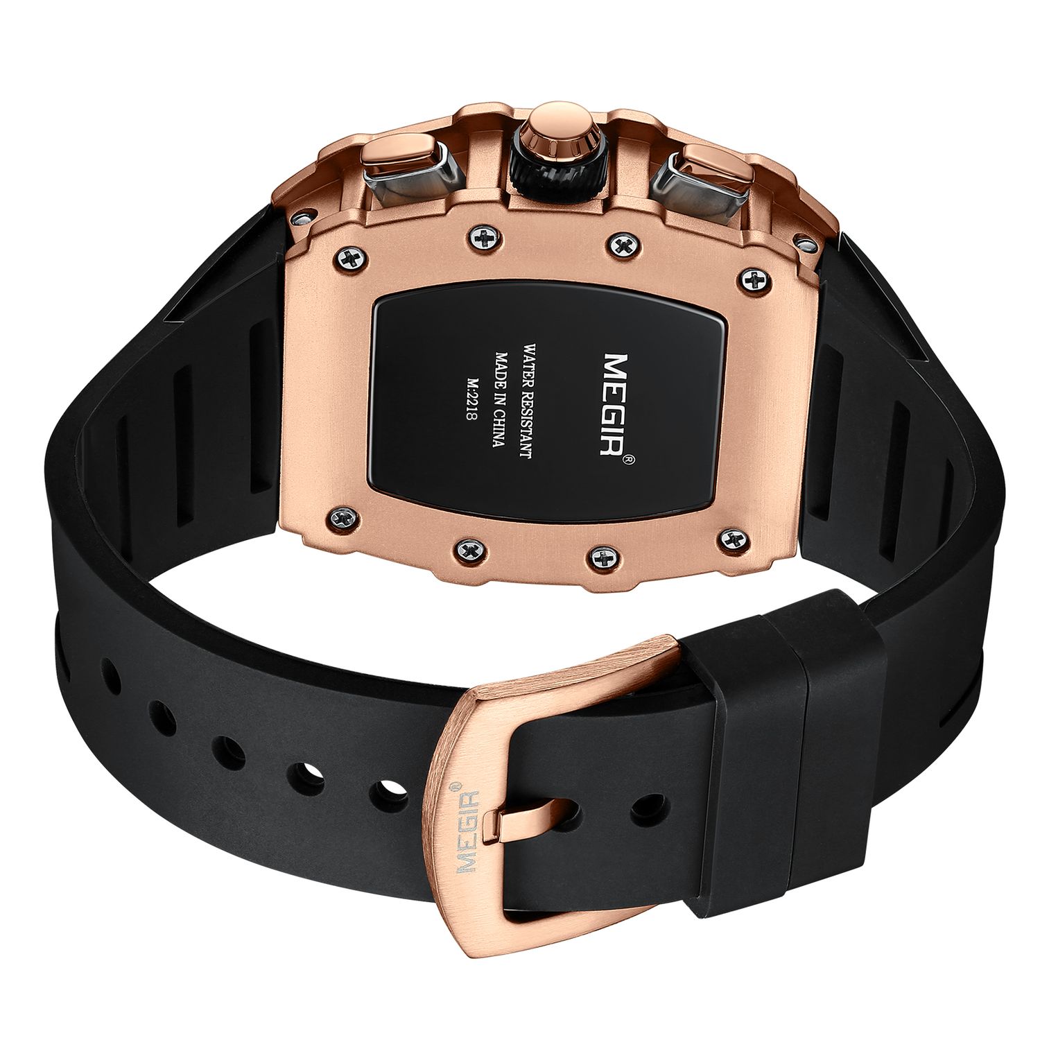 MEGIR 2218 men's skeleton watch caseback with engravings, black silicone strap and rose-gold buckle