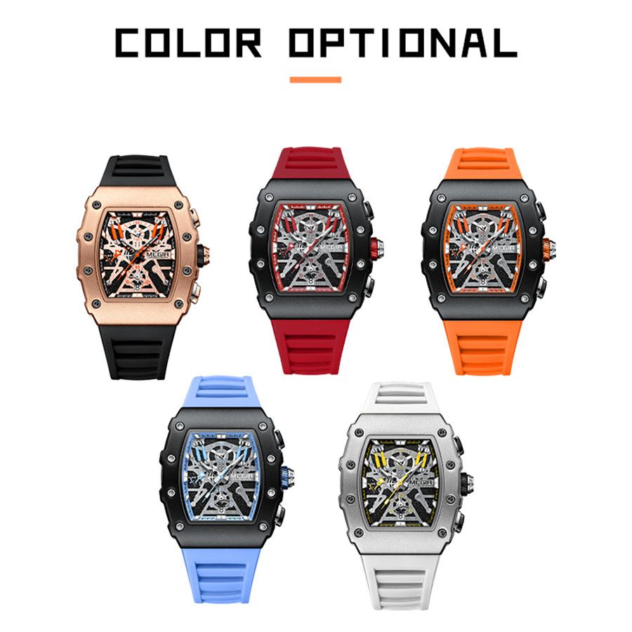 MEGIR 2218 men's skeleton watch color display showing rose-gold, red, orange, blue and white colorways