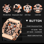 MEGIR 2218 men's skeleton watch feature graphic explaining the minute, stopwatch, 24-hour and calendar dials