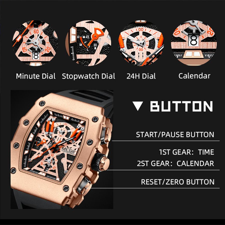 MEGIR 2218 men's skeleton watch feature graphic explaining the minute, stopwatch, 24-hour and calendar dials