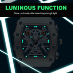 MEGIR 2218 men's skeleton watch feature graphic showing luminous hands glowing in the dark