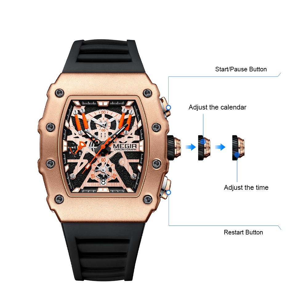 MEGIR 2218 men's skeleton watch operation graphic showing the start, calendar and reset buttons