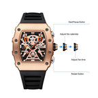 MEGIR 2218 men's skeleton watch operation graphic showing the start, calendar and reset buttons
