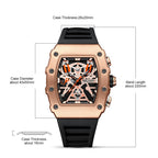 MEGIR 2218 men's skeleton watch parameters graphic with case diameter, thickness and band length