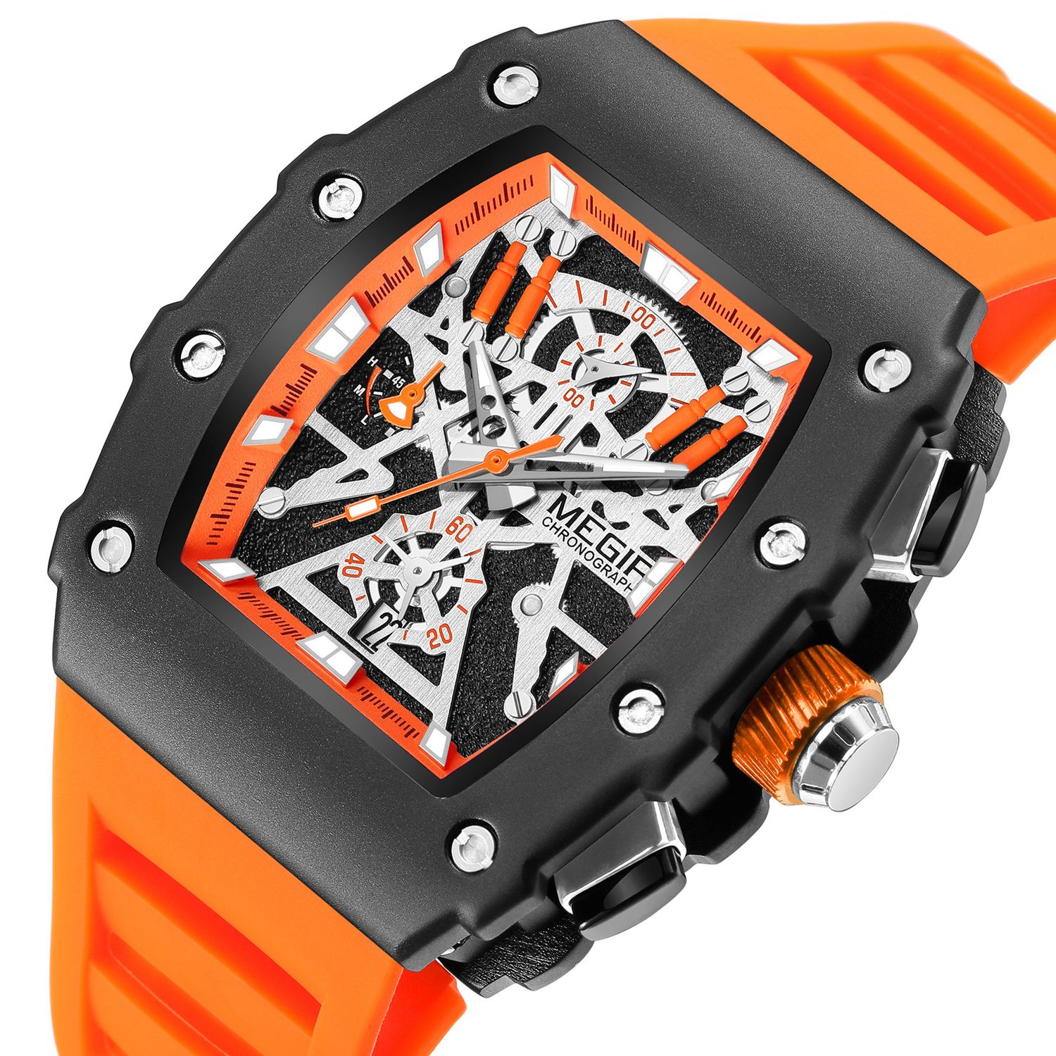MEGIR 2218 men's skeleton watch, black case with orange-accent skeleton dial and orange silicone strap, angled view