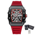 MEGIR 2218 men's skeleton watch, black case with red-accent skeleton dial and red silicone strap, with gift box
