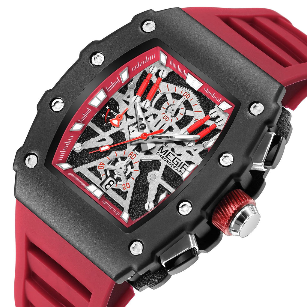 MEGIR 2218 men's skeleton watch, black case with red-accent skeleton dial and red silicone strap, angled view