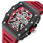 MEGIR 2218 men's skeleton watch, black case with red-accent skeleton dial and red silicone strap, angled view